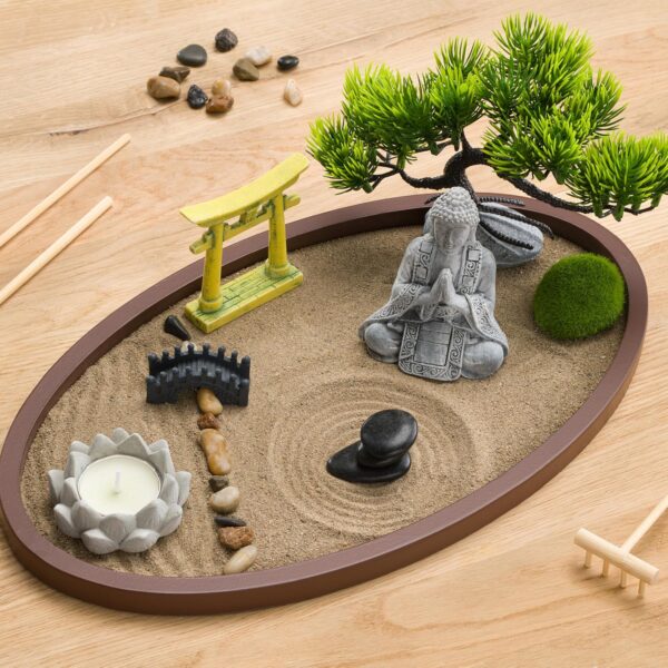 Zen Garden for Desk 13x8in – Japanese Meditation Kit with Buddha, Bonsai Tree, Natural Sand, Stones, Bamboo Rakes & Accessories – Mini Zen Garden for Office Relaxation & Decor by Roanle
