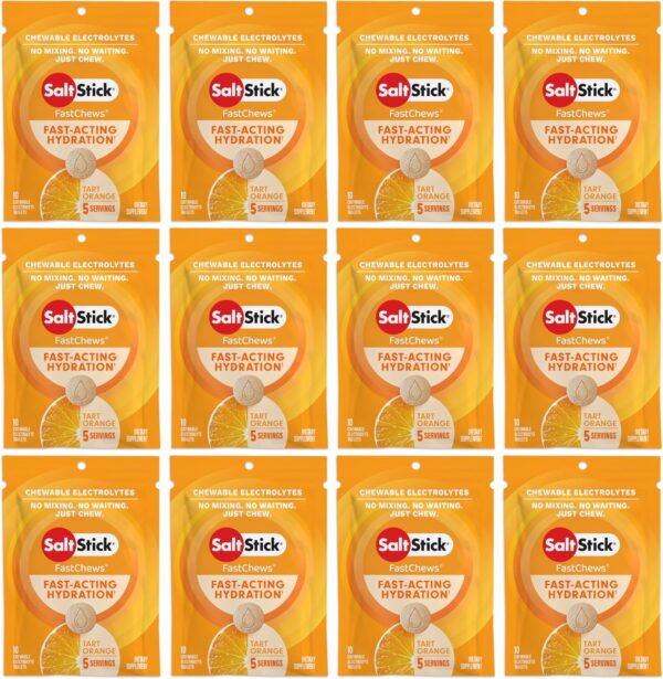 SaltStick Electrolyte FastChews Chewable Tablets | 120 Count - Orange | Salt Tablets for Runners, Sports Nutrition, Hydration Tablets, Electrolyte Chews | 12 Packets of 10 Tablets Each
