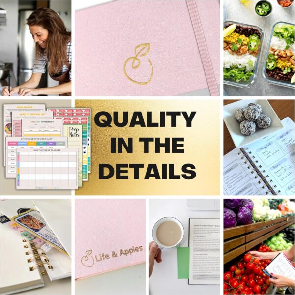 Life & Apples Meal Planner with Grocery List - Weekly Menu Plan and Prep, Healthy Diet and Weight Loss Tracking, 1 Year Undated Meal Planning Notebook, 5 X 8 Inch Spiral Notebook, Rose Gold