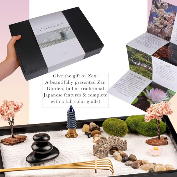Zen Garden Kit 11x8in. Beautiful Japanese Decor Mini Rock Feature Gift Set for Home, Office Desk. Zen Sand Garden, 6 Tools, 15 Accessories. Sand Tray Therapy Desktop Meditation Room