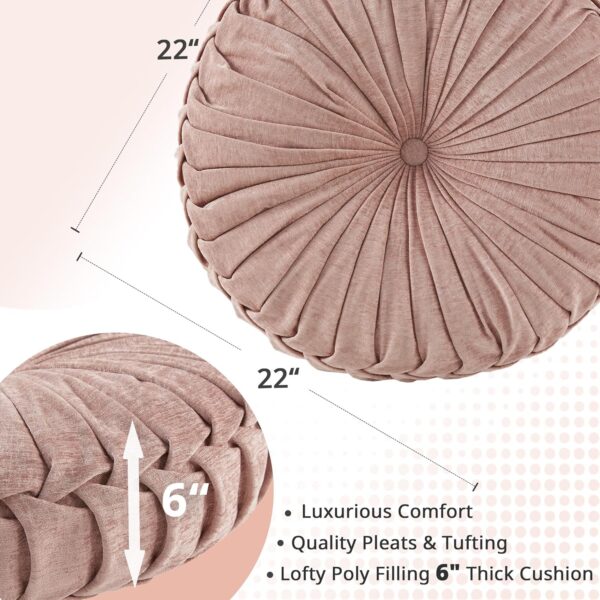 Intelligent Design Loretta Chenille Round Floor Pillow Meditation Cushion, Soft Color & Natural Luster Button Tufted with Elegant Pleated Details, Dia 22"x6"H, Blush