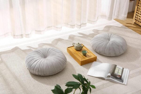 Floor Pillow Meditation Cushion Round Large Floor Pillows Seating for Adults, Velvet Thick Floor Cushions for Yoga Living Room Balcony Outdoor Tatami（Grey）