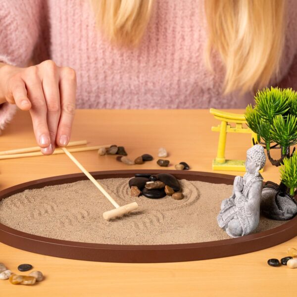 Zen Garden for Desk 13x8in – Japanese Meditation Kit with Buddha, Bonsai Tree, Natural Sand, Stones, Bamboo Rakes & Accessories – Mini Zen Garden for Office Relaxation & Decor by Roanle