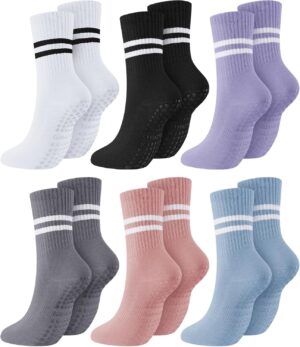 Sintege 6 Pairs Pilates Socks Yoga Socks with Grips for Women Non Slip Barefoot Workout Crew for Pregnant Ballet Dance