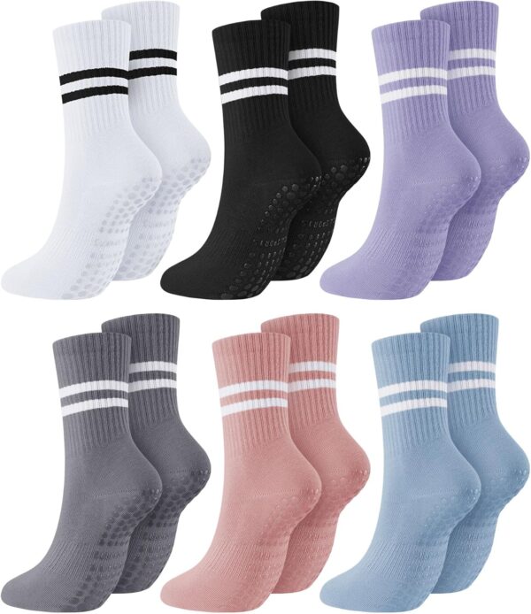 Sintege 6 Pairs Pilates Socks Yoga Socks with Grips for Women Non Slip Barefoot Workout Crew for Pregnant Ballet Dance
