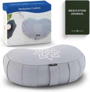 Mindful & Modern Large Meditation Cushion | Zafu Yoga Bolster Meditation Floor Pillow Seat | Buckwheat Hull Filled Crescent Shaped Cushion with Removable Washable Cover + Carry Handle