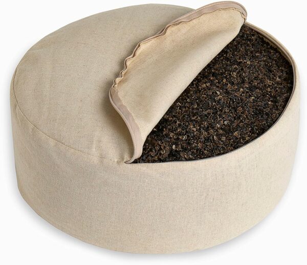Organic Round Meditation Cushion by renoo - Durable Comfortable Cotton, Linen, Hemp - Modern Zafu - Buckwheat Floor Pillow Yoga Bolster in 15 Colors Removable Cover - 15 inches - Vanilla