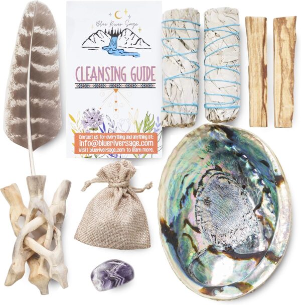 Blue River Sage Smudging & Energy Cleansing Kit with Amethyst, White Sage, Palo Santo, Abalone Shell, Stand & Guide (Regular)