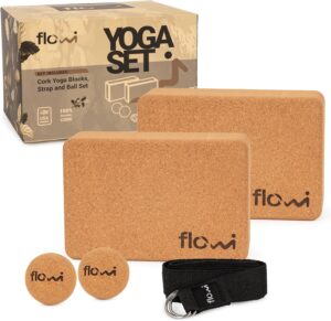 Natural Cork Yoga Blocks 2 Pack with Strap & Massage Balls - Yoga Props with Cork Yoga Block Brick Set, Myofascial Cork Ball & Yoga Strap for Stretching - Premium Yoga Accessories for Women & Men