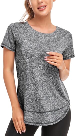 Women's Short Sleeve Workout Shirts Crewneck Sports Yoga Running Dry Fit Tops Side Split Tee