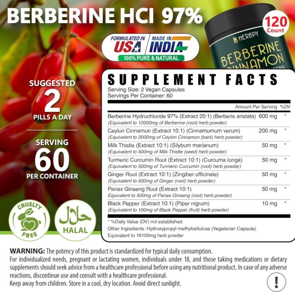 Berberine and Ceylon Cinnamon for Weight Management & Digestion, Heart Health & Immune - 7in1 with Premium Ginseng, Turmeric Curcumin, Ginger & Black Pepper - 120 Vegan Capsules