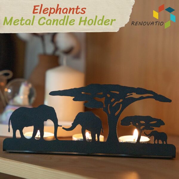 Renovatio Metal Tealight Candle Holder – Safari Elephants Silhouette Decor for Living Room, Meditation Space, Christmas & Wedding – Black Safari Theme