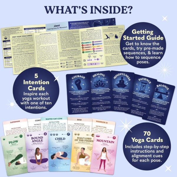 Zinsk Premium Yoga Deck – 70 Beautifully Illustrated 3x5” Cards with Instructions, Alignment Cues, & Modifications – Flashcards for Learning Beginner & Intermediate Poses & Sequencing