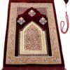 TB Muslim Prayer Rug, Islamic, Velvet Mat Ramadan Gift, with Prayer Bead Unique Decoration Gilded Gold-Like Embroidered for Women Man Kids Meditation Turkish African (Claret Red)