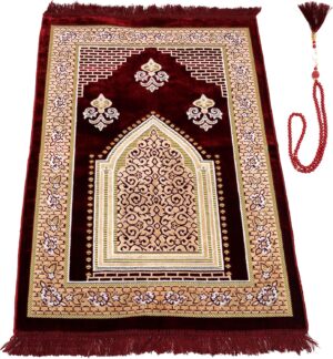 TB Muslim Prayer Rug, Islamic, Velvet Mat Ramadan Gift, with Prayer Bead Unique Decoration Gilded Gold-Like Embroidered for Women Man Kids Meditation Turkish African (Claret Red)
