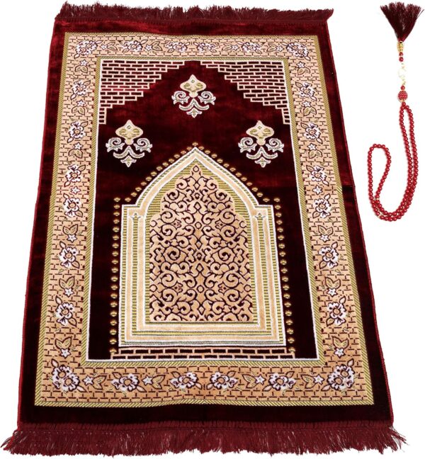TB Muslim Prayer Rug, Islamic, Velvet Mat Ramadan Gift, with Prayer Bead Unique Decoration Gilded Gold-Like Embroidered for Women Man Kids Meditation Turkish African (Claret Red)