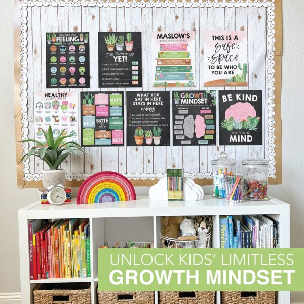 Hadley Designs 9 Cactus Mental Health Posters For Classroom Elementary - School Counselor Office Decor, Mental Health Therapy Decor For Office, School Counseling Office Decor, Calm Corner