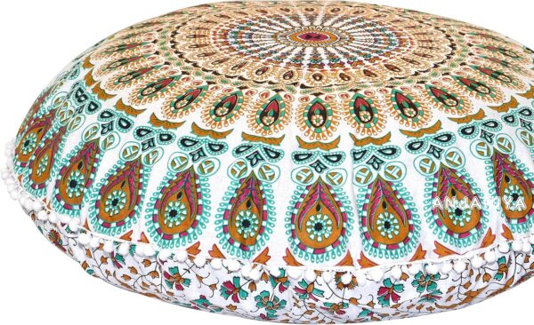 32" Peacock Mandala Bohemian Yoga Meditation Floor Pillow Cover Comfortable Home Car Bed Sofa Cushion Couch Seating Large Zipped Throw (32 inches, White Multi)