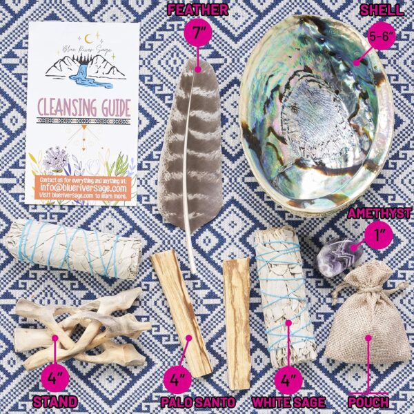 Blue River Sage Smudging & Energy Cleansing Kit with Amethyst, White Sage, Palo Santo, Abalone Shell, Stand & Guide (Regular)