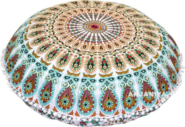 32" Peacock Mandala Bohemian Yoga Meditation Floor Pillow Cover Comfortable Home Car Bed Sofa Cushion Couch Seating Large Zipped Throw (32 inches, White Multi)