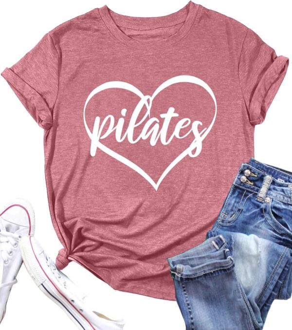PECHAR Pilates Shirts for Women - Yoga Workout Graphic Heart Tees Sports Lover Tops Pilates Teacher Gifts Blouse T-Shirts