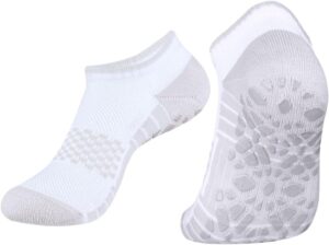 YUEDGE Yoga Pilates Socks for Women Size 6-11, Non Slip Breathable Cushioned White Cotton Ankle Grip Socks