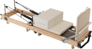 Foldable Wooden Pilates Reformer Machine with Ultra-Fiber Leather Seat, Oak Frame, Adjustable Resistance, Full-Size for Heights 4’ to 5’9”, Home and Studio Use, 480lbs Capacity