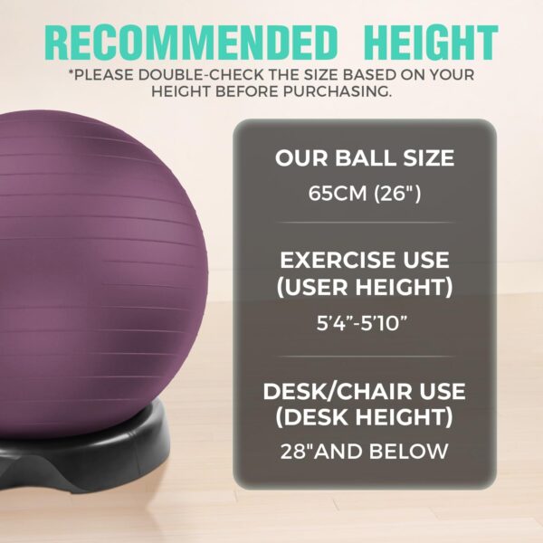 EasyBalance Exercise Ball, Yoga Ball, with Base & Pump Set, 65cm, Amethyst Purple