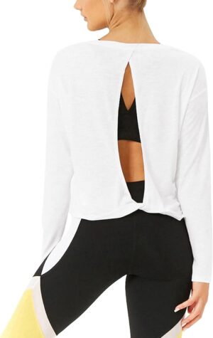 Bestisun Long Sleeve Workout Shirts Yoga Dance Tops Open Back Athletic Clothes for Women