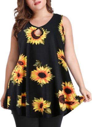 MONNURO Women's Plus Size Sleeveless Keyhole Summer Sexy Shirts Casual Loose Flowy Swing Tunic Tank Tops