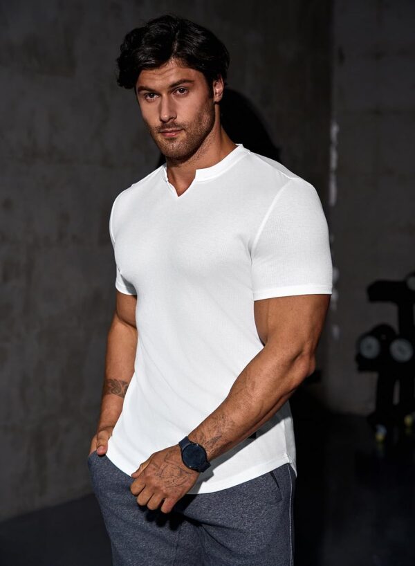 JMIERR Mens Muscle Slim T Shirt V-Neck Longline Henley Shirt Gym Workout Athletic Tee Shirts