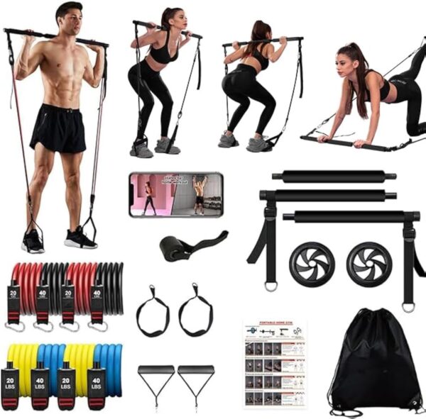 Ultimate Pilates bar kit.Multiple Fitness bar with Resistance Bands, Ab Rollers. Core Strength Training Equipment. Squat Machine for Men and Women. Portable Home Gym