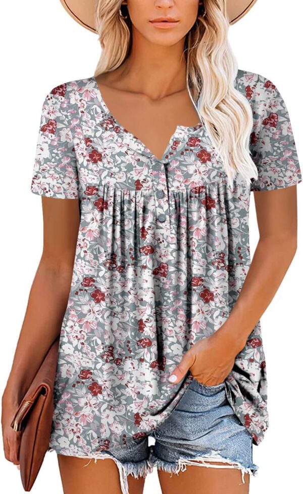 Mystry Zone Womens Henley V Neck Casual Blouse Button Down T Shirts Flare and Flowy Tops