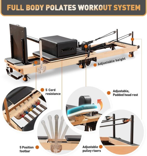 Foldable Pilates Reformer & Equipment - Pilates Reformer Workout Machine for Home Gym with Reformer Accessories, Reformer Box, Padded Jump Board - Up to 300 lbs Weight Capacity（Dark Gray）