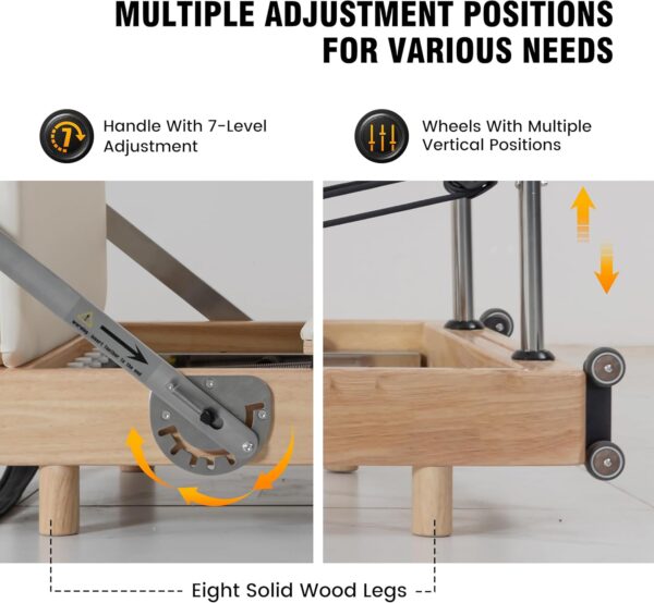 Foldable Wooden Pilates Reformer Machine with Ultra-Fiber Leather Seat, Oak Frame, Adjustable Resistance, Full-Size for Heights 4’ to 5’9”, Home and Studio Use, 480lbs Capacity
