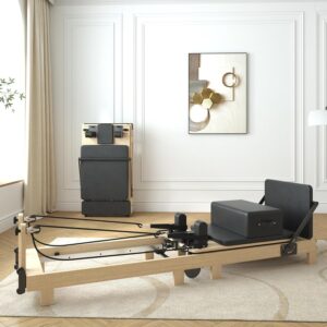 Pilates Reformer, PAETA Wooden Foldable Pilates Reformer Machine with Springs, Pilates Machines for Home Use and Studio, Pilates Equipment with Sitting Box, Jump Board and Accessories