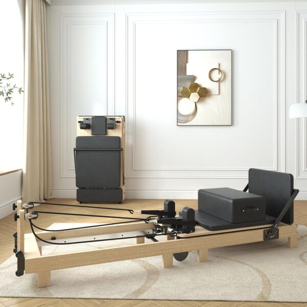 Pilates Reformer, PAETA Wooden Foldable Pilates Reformer Machine with Springs, Pilates Machines for Home Use and Studio, Pilates Equipment with Sitting Box, Jump Board and Accessories
