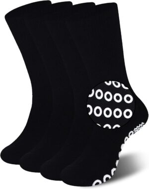 JSPA Non Skid Crew Socks, Anti Slip Socks for Barre Yoga Pilates Maternity Pregnancy Hospital Men Women Bariatric Extra Wide Slipper Socks for People with Swollen feet Diabetes & Edema 4 Pairs Black