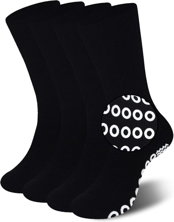 JSPA Non Skid Crew Socks, Anti Slip Socks for Barre Yoga Pilates Maternity Pregnancy Hospital Men Women Bariatric Extra Wide Slipper Socks for People with Swollen feet Diabetes & Edema 4 Pairs Black