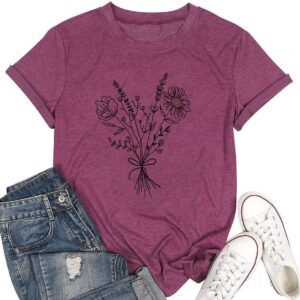 Women Floral Print T-Shirt Plant Flower Top Summer Dry Flower Casual Loose Fit Short Sleeve Athletic Shirt