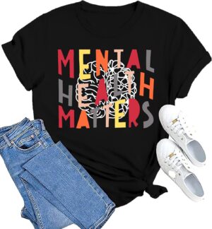 MAIHUN Mental Health Matters Shirt Womens Therapist Psychologist Tshirt Human Brain Illness Awareness Short Sleeve