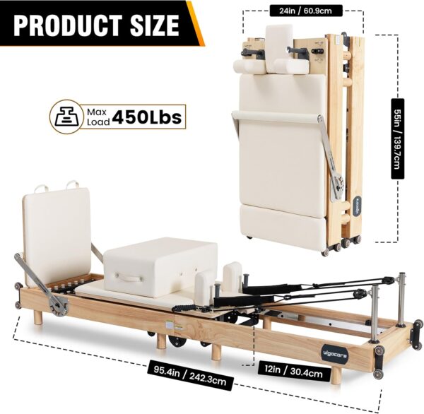 Foldable Wooden Pilates Reformer Machine with Ultra-Fiber Leather Seat, Oak Frame, Adjustable Resistance, Full-Size for Heights 4’ to 5’9”, Home and Studio Use, 480lbs Capacity