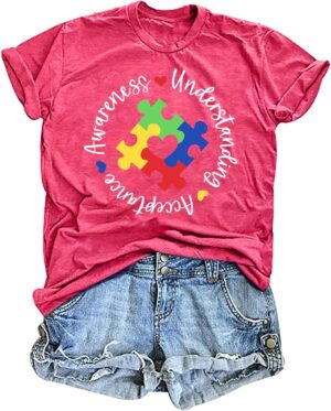 Autism Awareness Shirts Women Autistic Support Tshirt Puzzle Piece Heart Graphic Inspirational Tops