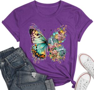 Butterfly Shirts for Women Vintage Floral Tee Shirt Butterfly Graphic Tops Womens Vacation T-Shirt Nature Lover Tee