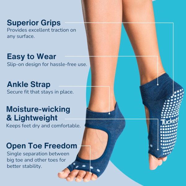Tucketts Toeless Pilates Socks with Grips for Women, Non-Slip Barre Yoga Socks with Grips for Barefoot Workouts, Sizes 5-13