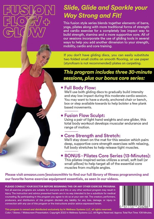Fusion Flow and Glow DVD: Barre, Pilates, Yoga, Toning, Abs Gliding Discs Workouts with Jessica Smith