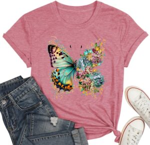Butterfly Shirts for Women Vintage Floral Tee Shirt Butterfly Graphic Tops Womens Vacation T-Shirt Nature Lover Tee