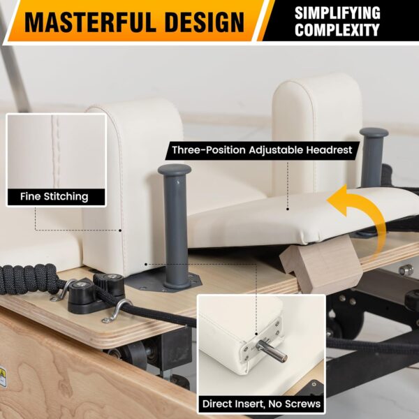 Foldable Wooden Pilates Reformer Machine with Ultra-Fiber Leather Seat, Oak Frame, Adjustable Resistance, Full-Size for Heights 4’ to 5’9”, Home and Studio Use, 480lbs Capacity