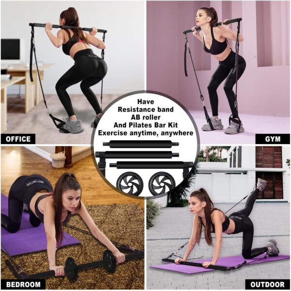 Ultimate Pilates bar kit.Multiple Fitness bar with Resistance Bands, Ab Rollers. Core Strength Training Equipment. Squat Machine for Men and Women. Portable Home Gym