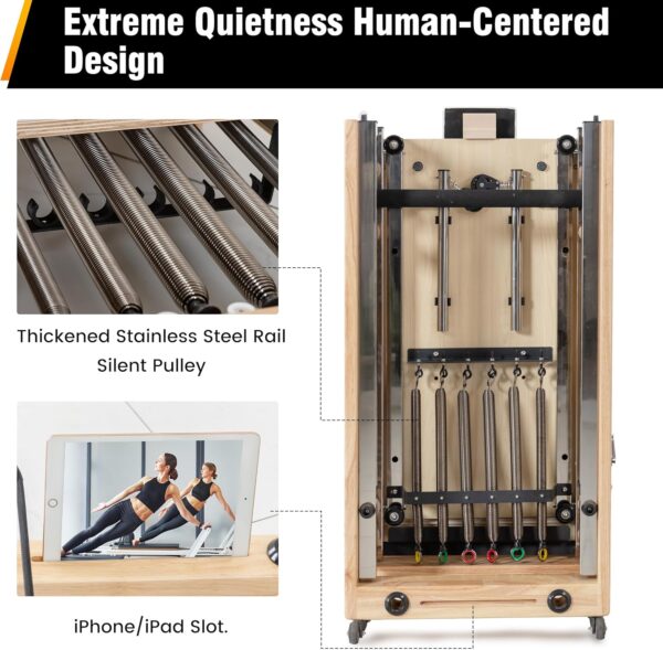 Foldable Wooden Pilates Reformer Machine with Ultra-Fiber Leather Seat, Oak Frame, Adjustable Resistance, Full-Size for Heights 4’ to 5’9”, Home and Studio Use, 480lbs Capacity